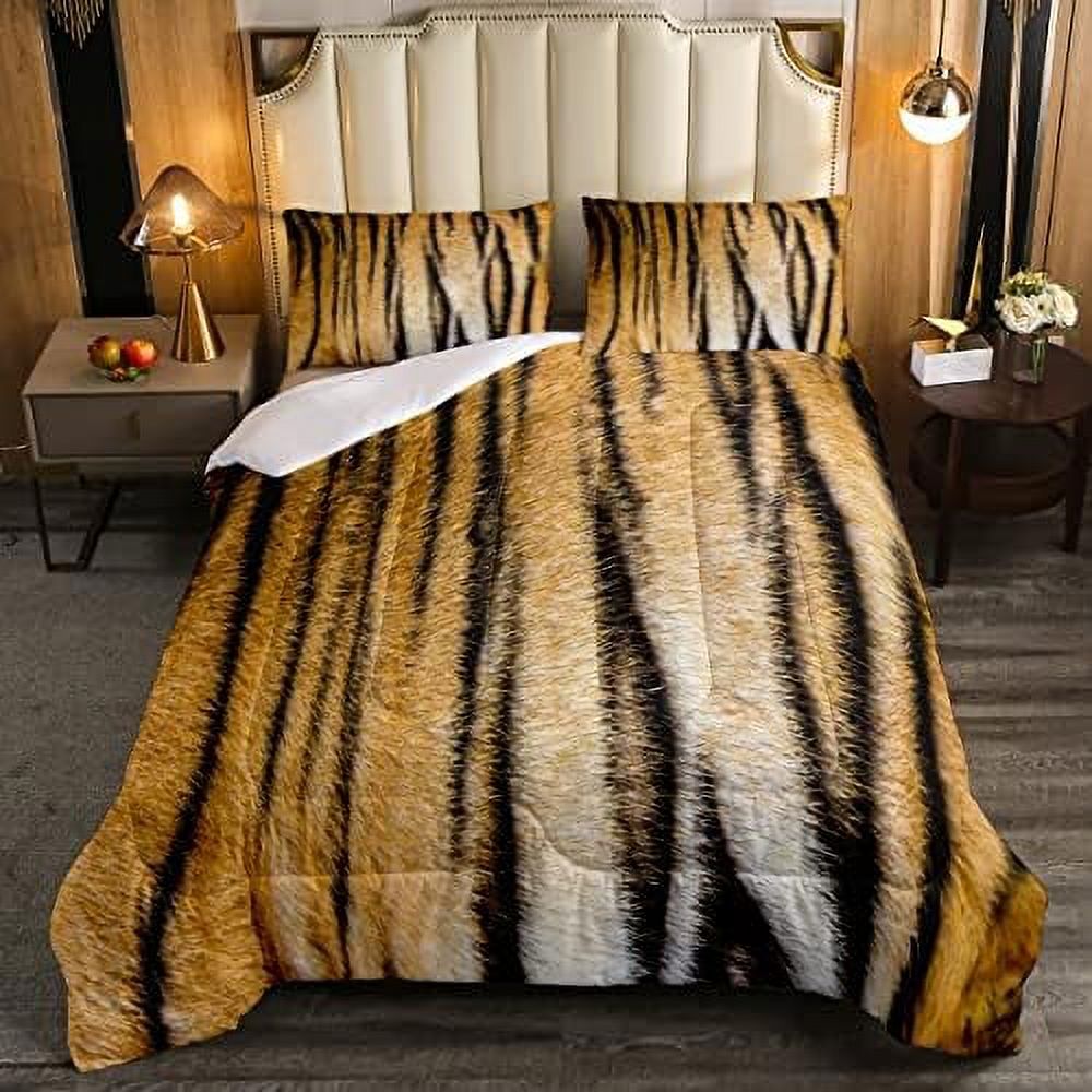 Tiger Fur Bedding Set Queen Brown Black Tiger Print Comforter Set for
