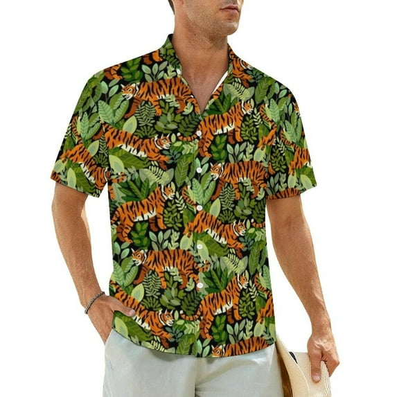 Tiger Fur Print Casual Shirt Gold Clusters Trendy Hawaii Shirts Mens Short-Sleeve Beach F