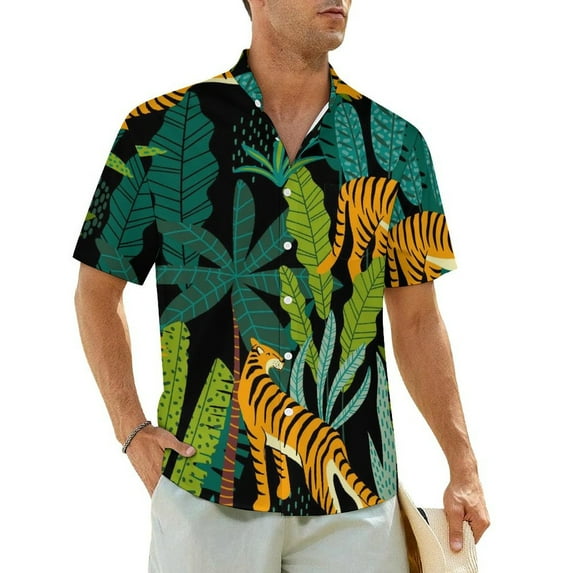 Tiger Fur Print Casual Shirt Gold Clusters Trendy Hawaii Shirts Mens Short-Sleeve Beach F