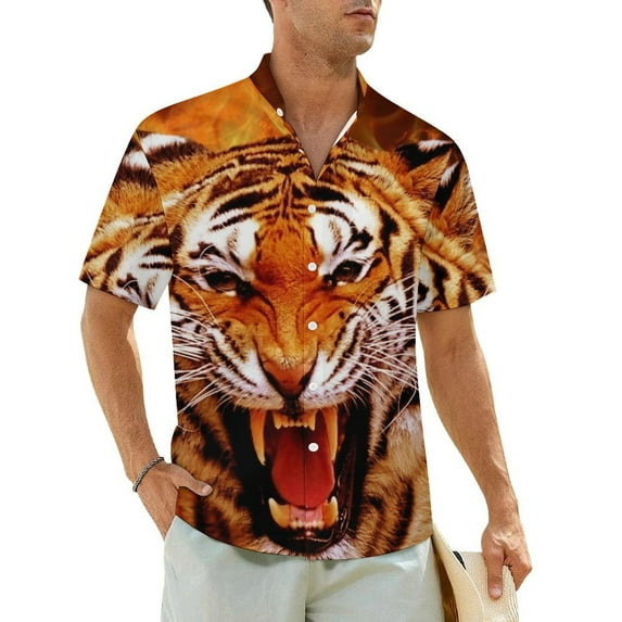 Tiger Fur Print Casual Shirt Gold Clusters Trendy Hawaii Shirts Mens Short-Sleeve Beach F