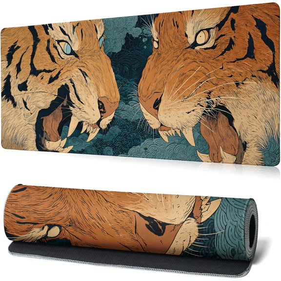 Tiger Gaming Mouse Pad Abstract Yellow Mouse Pad 31.5x11.8 Inch Fierce Claws and Teeth Non-Slip Rubber Base Large Mousepad Stitched Edges Keyboard Mouse Mat Desk Pad for Office and Home