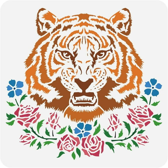 Tiger Garland Stencil for Painting 11.8x11.8inch Wildlife Tiger Stencil Reusable Tiger Head Template Flowers Vines Garland Painting Template Painting on Canvas Fabric Wood Clothes