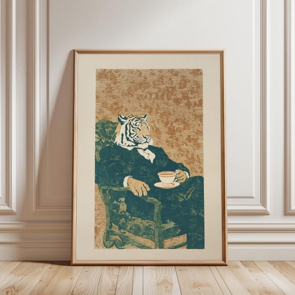 Tiger Gentleman Vintage Lino Style Green Beige Animal Wall Art Print Unframed Paper Print