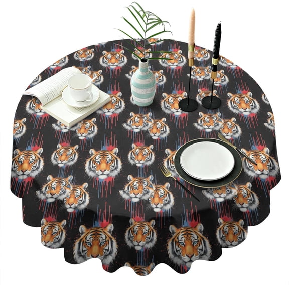 Tiger Graffiti Black Pattern Round Tablecloth, Fits 60-Inch Table, Stain & Wrinkle Resistant, Washable Polyester, Kitchen, Wedding, Party