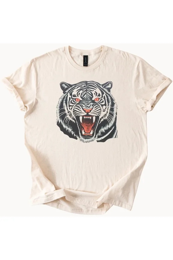 Tiger Graphic Tee Fierce Cat Print T Shirt Wild Animal Top Unisex S-5XL Hot Trending Shirt, Vintage Birthday Gift