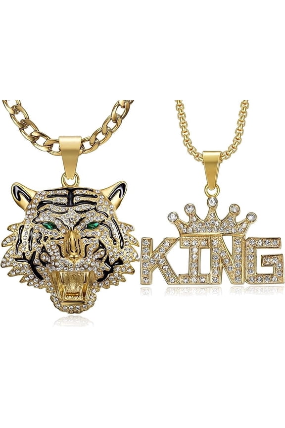 Tiger with Green Eyes King Crown Pendants Stainless Steel Hip Hop Necklace, 2pcs 24'' 20'' 7mm 3mm Layered Chain Punk Rock Couples Animal Jewelry Gift for Men and Women
