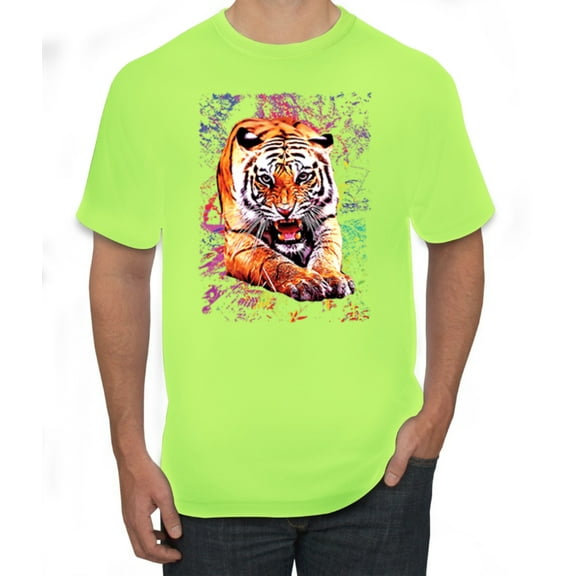 Tiger Growling Colorful Trippy Tie Dye Animal Lover Men's Graphic T-Shirt, Safety Green, Small