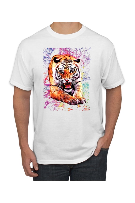 Tiger Growling Colorful Trippy Tie Dye Animal Lover Men's Graphic T-Shirt, White, Medium