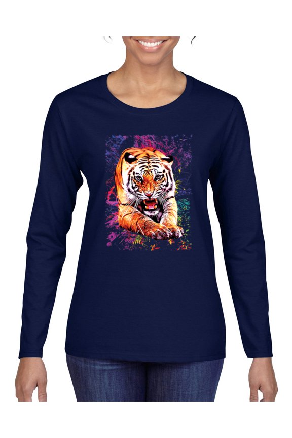 Tiger Growling Colorful Trippy Tie Dye Animal Lover Womens Graphic Long Sleeve T-Shirt, Navy, 2XL
