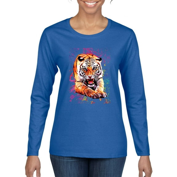 Tiger Growling Colorful Trippy Tie Dye Animal Lover Womens Graphic Long Sleeve T-Shirt, Royal, Medium