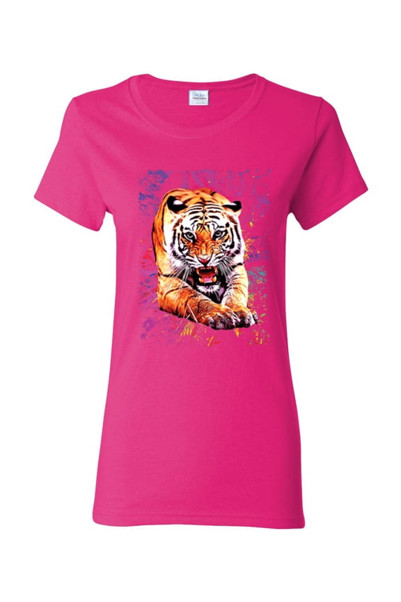 Tiger Growling Colorful Trippy Tie Dye Animal Lover Womens Graphic T-Shirt, Fuschia, Small