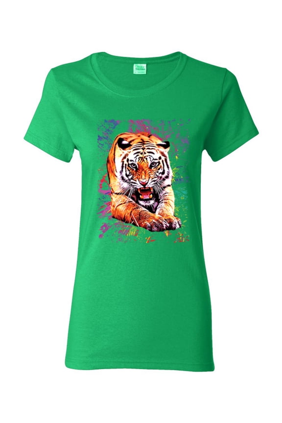 Tiger Growling Colorful Trippy Tie Dye Animal Lover Womens Graphic T-Shirt, Kelly, Medium