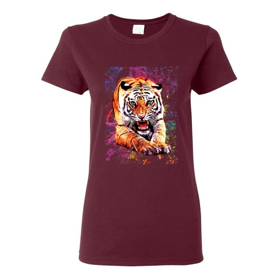 Tiger Growling Colorful Trippy Tie Dye Animal Lover Womens Graphic T-Shirt, Maroon, 2XL