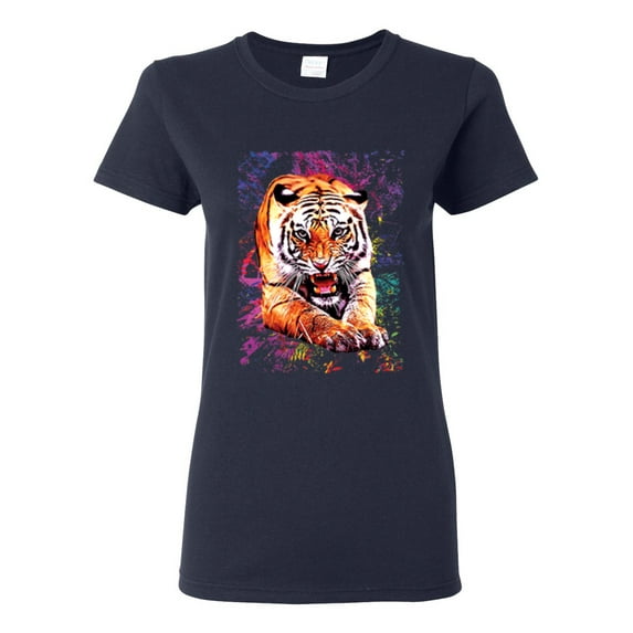 Tiger Growling Colorful Trippy Tie Dye Animal Lover Womens Graphic T-Shirt, Navy, 3XL