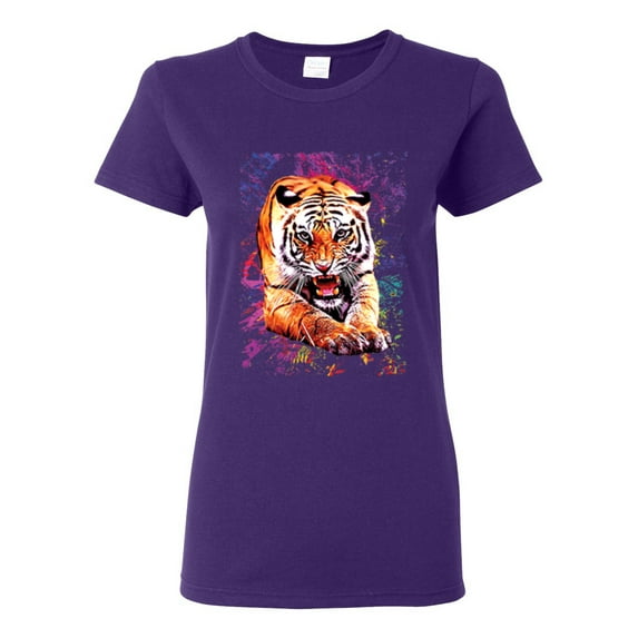 Tiger Growling Colorful Trippy Tie Dye Animal Lover Womens Graphic T-Shirt, Purple, 3XL