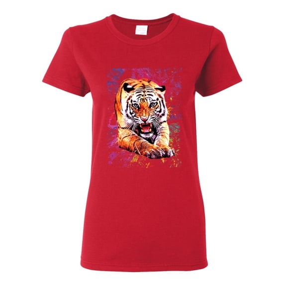 Tiger Growling Colorful Trippy Tie Dye Animal Lover Womens Graphic T-Shirt, Red, Large