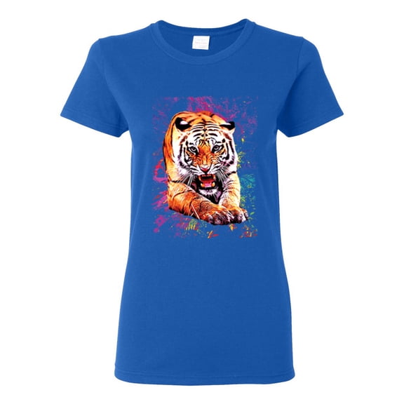 Tiger Growling Colorful Trippy Tie Dye Animal Lover Womens Graphic T-Shirt, Royal, X-Large