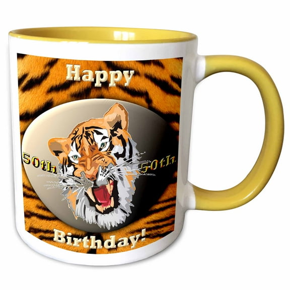 3drose, Tiger Happy 50th Birthday, 11oz Two-tone Yellow Mug