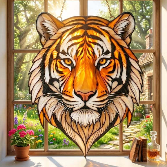 Tiger Head Acrylic Suncatcher, Faux Stained Glass Window Hanging, Wild Animal, Jungle Decor Gift
