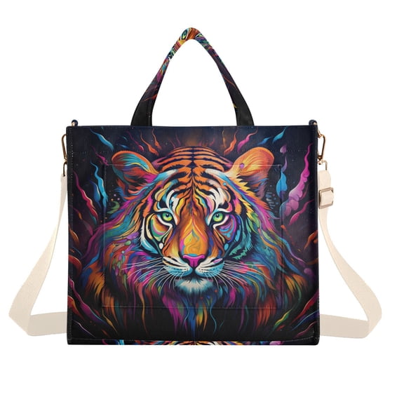 Tiger Head Colorful Corduroy Tote Bag Handbag Large Messenger Bag Shoulder Crossbody Zipper Bag Purse