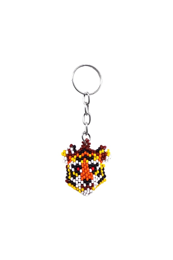 Tiger Head Czech Glass Seed Bead 3D Figurine Keychain Metal Ring - Handmade Gifts Boho Car Keys Bag Jungle Animal Accessories