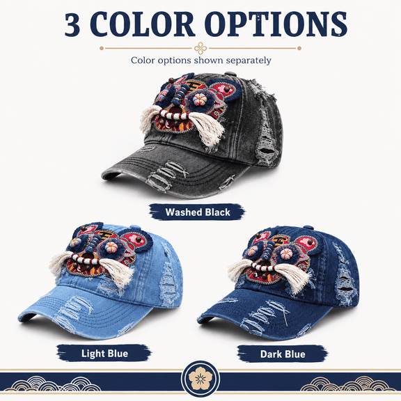 Tiger Head Embroidered Baseball Cap, Chinese Folk Art Vintage Denim Hat, Handcrafted Ethnic Style Adjustable Trucker Cap for Men Women Daily Wear - Black
