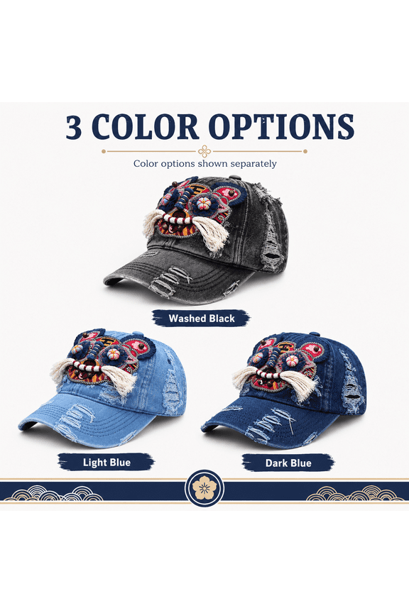 Tiger Head Embroidered Baseball Cap, Chinese Folk Art Vintage Denim Hat, Handcrafted Ethnic Style Adjustable Trucker Cap for Men Women Daily Wear - Dark Blue