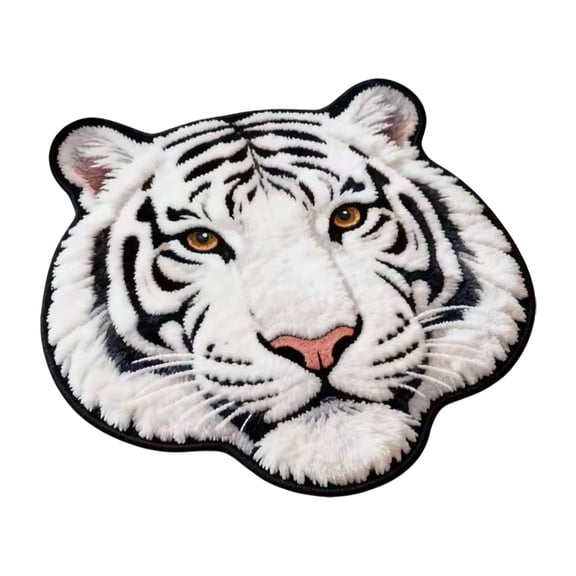 Tiger Head Faux Lambswool Rug, White Animal Shape Carpet for Bedroom, Soft Fluffy Floor Mat