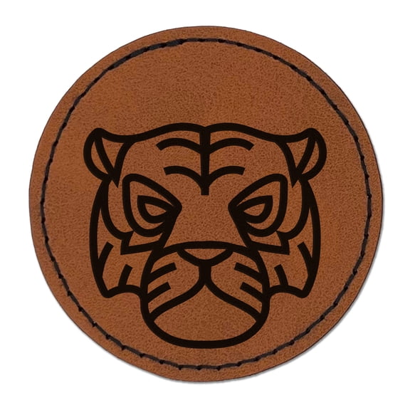 Tiger Head Icon 2.5" Faux Leather Round Engraved Iron-On Patch - Brown