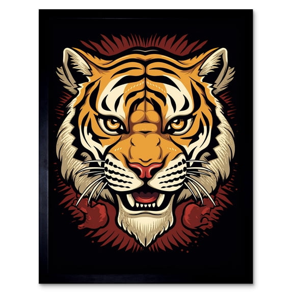 Tiger Head Old School USA Tattoo Ink Body Art Rockabilly Americana 50s Art Print Framed Poster Wall Decor 12x16 inch