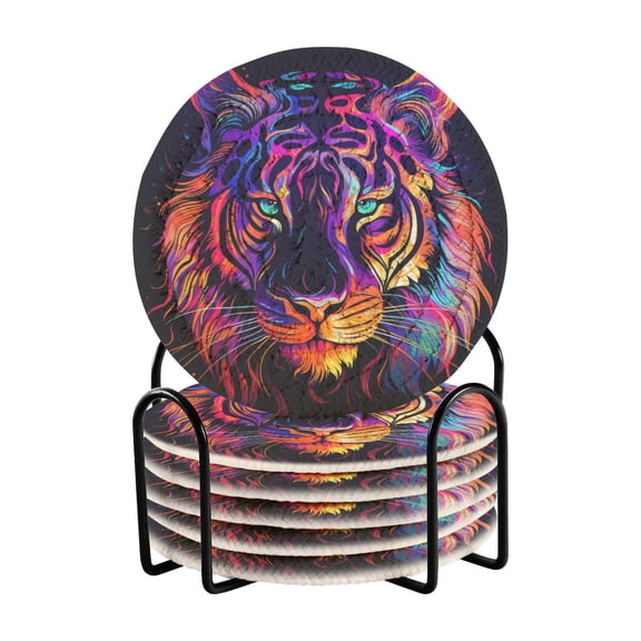 Tiger Head Purple 6 Pcs Drink Coasters with Holder Absorbent Coasters Woven Coasters for Drinks Table Desk Protection Home Decor