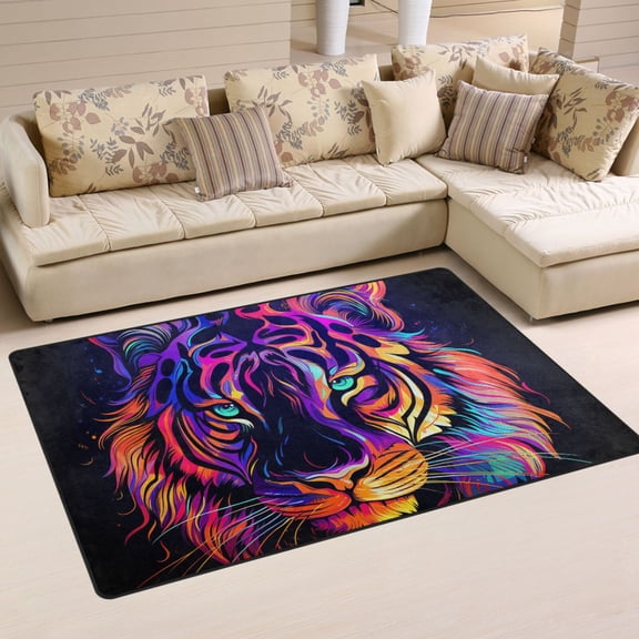 Tiger Head Purple Area Rug Washable Floor Carpet Mat 60 x 39 inch for Bedroom Living Room Kids Room Home Decor