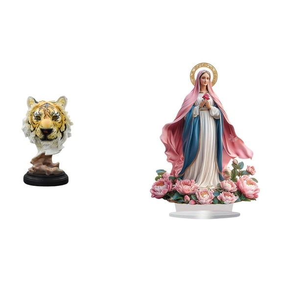 Tiger Head Sculpture Animal Figurine Acrylic Resin Lifelike Ornament for Bookshelf Table Hallway Bedroom Office Party