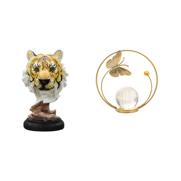 Tiger Head Sculpture Crystal Ball Modern Statue Lifelike Resin Craft for Bookshelf Table Hallway Entryway