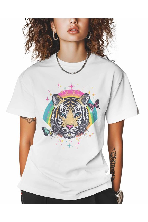 Tiger Head T Shirts for Women Short Sleeve Cotton Crewneck T-Shirt Color Rainbow Pink Butterfly Watercolor Tee Tops Casual Basic T-Shirts, XS-5XL White 5XL