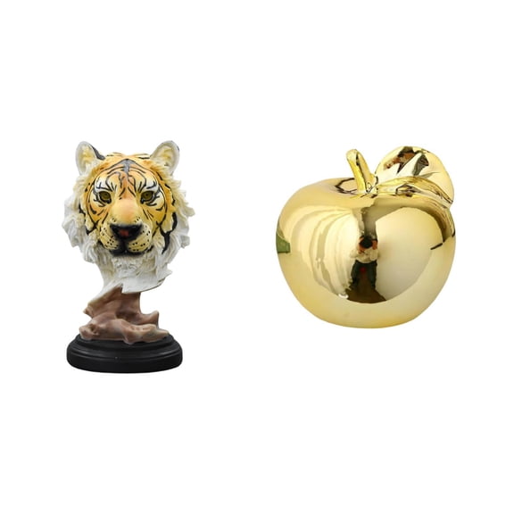 Tiger Head Tabletop Sculpture Fruit Ceramic Figurine Modern Resin Ornament for Living Room Office Entryway Decoration
