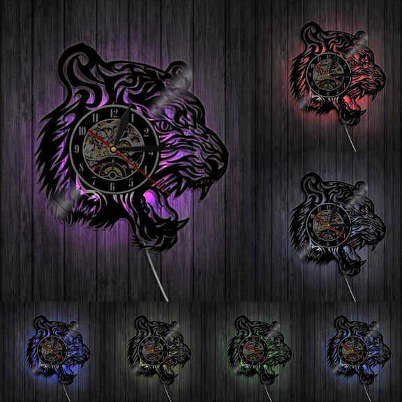 Tiger Head Wall Clock Wild Animal Portrait Decorative Clock African Nature Wilderness Tiger Vinyl Record Clock Man Cave Gift With LED