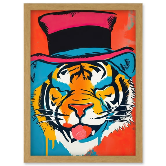 Tiger Head Wearing Pink Top Hat Modern Pop Art Artwork Framed Wall Art Print A4