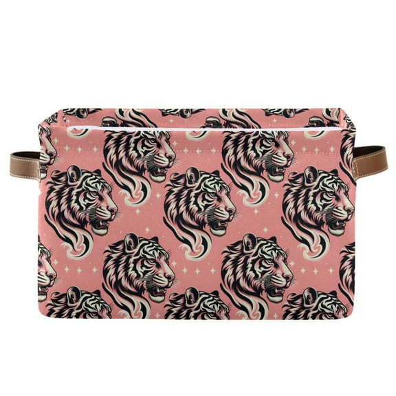 Tiger Head and Star Storage Bins with Handle Fabric Organizer Basket Foldable Box 1 Pack 14.2x10.2x8.3