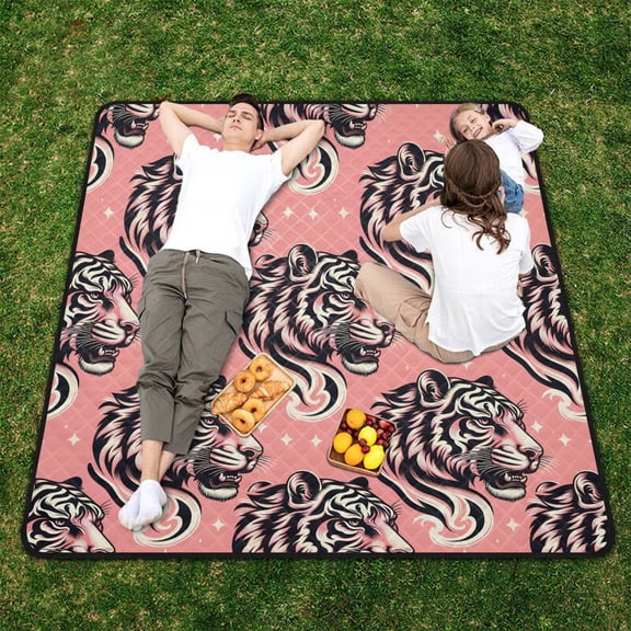 Tiger Head on Pink Beach Blanket Outdoor Picnic Blanket 78"x 78" Waterproof Foldable for Beach Camping Travel Hiking Grass Lawn Park