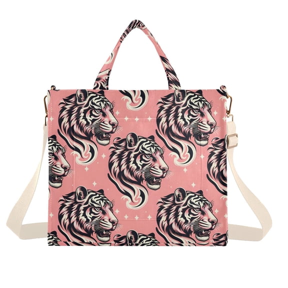 Tiger Head on Pink Corduroy Tote Bag Handbag Large Messenger Bag Shoulder Crossbody Zipper Bag Purse