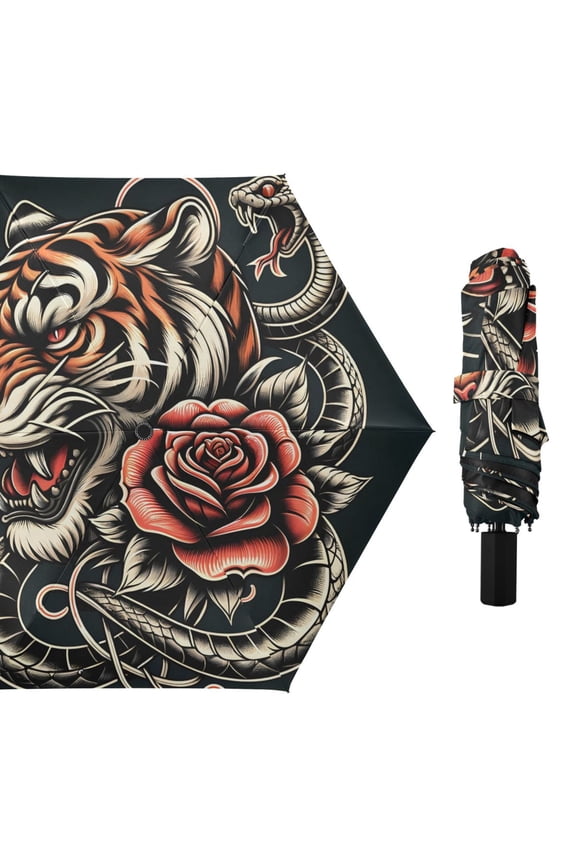 Tiger Head with Snake and Rose Compact Sun Umbrella Windproof Travel Umbrellas for Rain Strong Portable UV Protection
