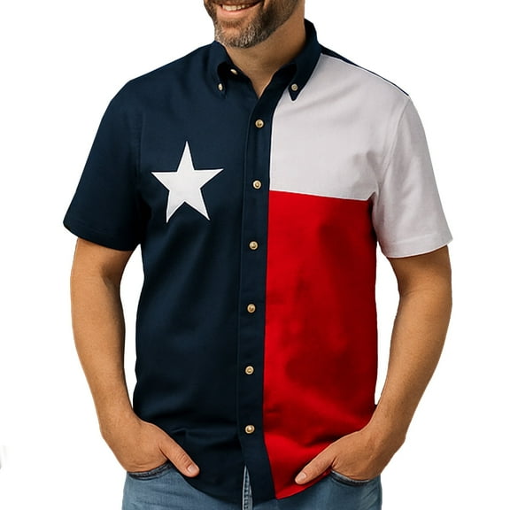 Texas Lone Star Flag Twill Shirt Men Short Sleeves Button Down 100% Brushed Cotton, Woodtone Buttons, Full Cut