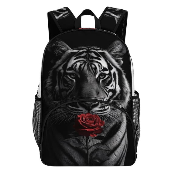 Tiger Holds Single Red Rose Teenage Backpack Middle Students Bookbag Outdoor Daypack