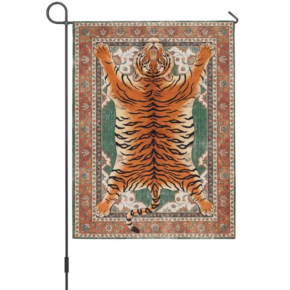 Tiger House Flags For Outdoor, Bohemian Modern Animal Print Orange Green Floral Texture Small Double Side Yard Flags Weather Proof House Decor for Lawn Outside Holiday 28 x 40 Inches