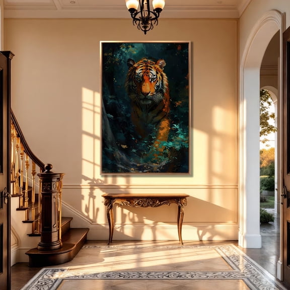 Tiger Hunting Scene Striking Wildlife Wall Decor Exotic Feline Art, Unframed Poster