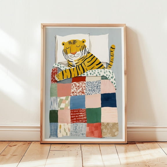 Tiger Illustration Sleeping Tiger In Bed Scene Patchwork Quilt Bedroom Childrens Wall Art