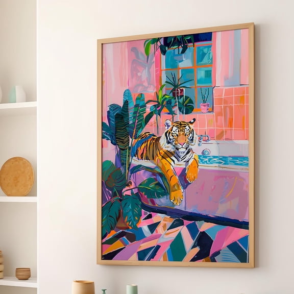 Tiger In A Bathtub Botanical Pink Painting Poster, Whimsical Tiger Bathroom Wall Decor, Retro Art Print Unframed Paper Print