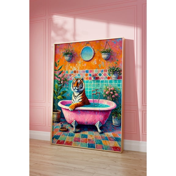 Tiger In A Bathtub Maximalist Colorful Bathroom, Unframed Poster