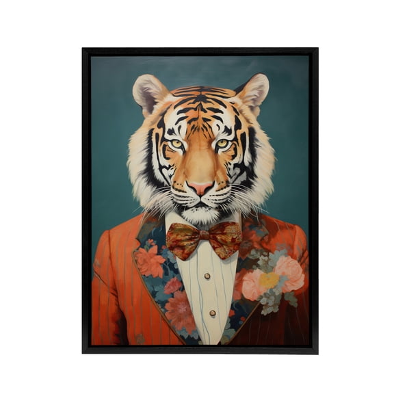 Tiger In A Tuxedo Animal Portrait Black Framed Canvas Wall Art Print 24X32"